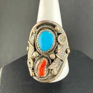 Vintage‎ CE Ring Silver Turquoise Coral Leaf Southwest Size 12.5 READ